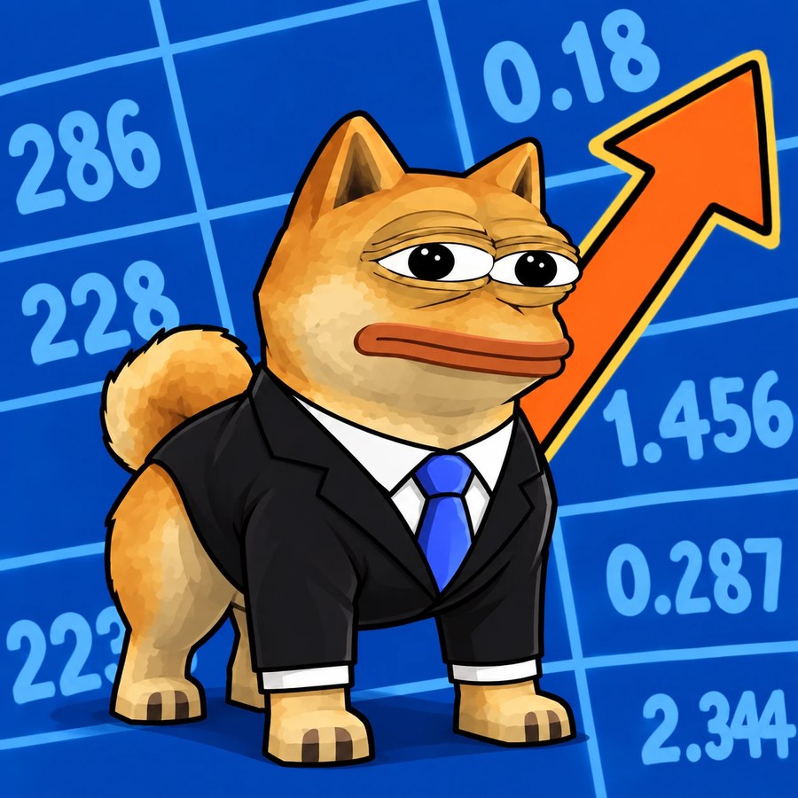 DOPUNK, a doge with a frog face in a black suit and blue tie, in front of a stock board with a big orange arrow
